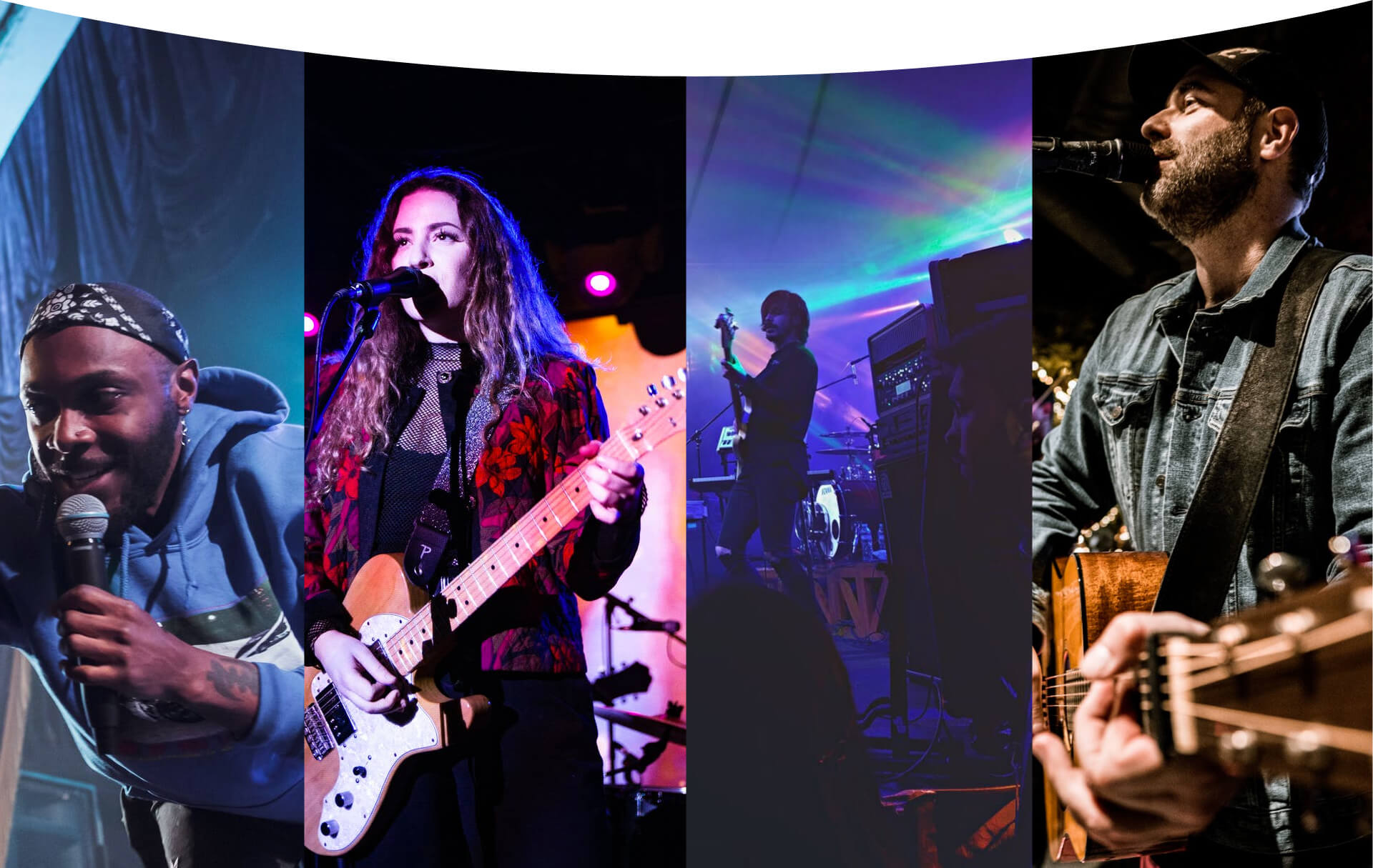 A 4 column layout of different musical artists performing